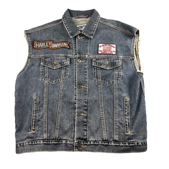 Old Navy Custom Harley Davidson Biker Denim Vest 9/11 Embroidered USA Mens XL